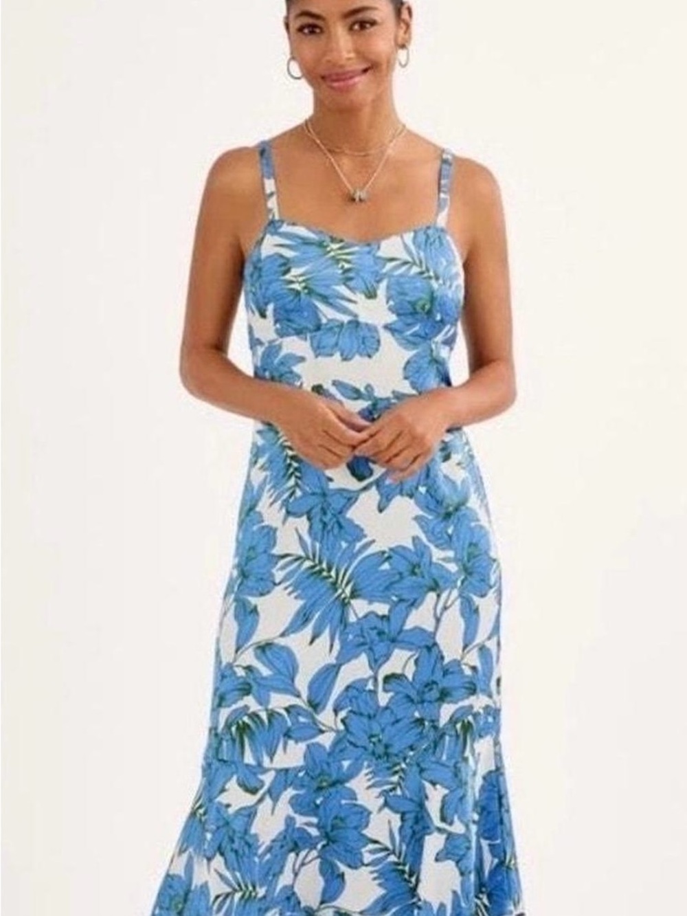CAbi Blue and White Floral Maxi Dress with Spaghetti Straps